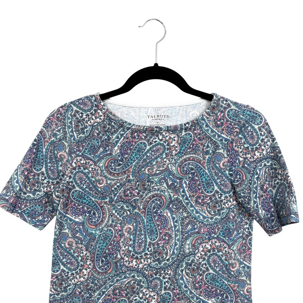 TALBOTS Paisley Print Short Sleeve T-Shirt Top Women Cotton Blend Tee Sz P*